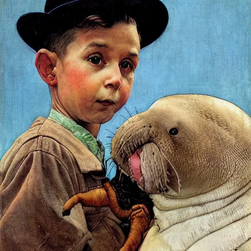 Prompt: a Norman Rockwell painting of a boy and his pet baby walrus