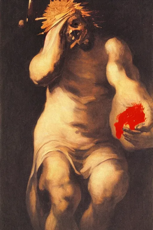 Image similar to francisco goya painting of an evil jesus christ holding corncopia with blood pouring, ominous, unsettling, visible paint strokes, hd image, visible paint texture