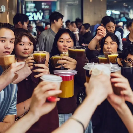 Prompt: photo of a crowd of people drinking boba milk tea staring at the camera, hyperrealistic, 4 k