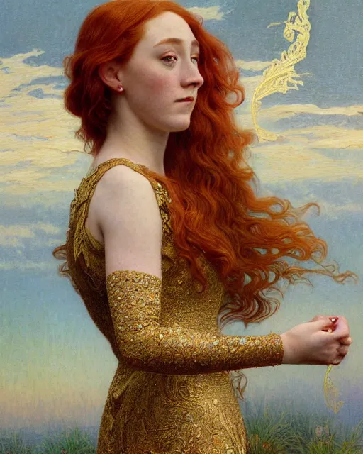 Prompt: intricate art nouveau oil painting of redheaded young saoirse ronan or redheaded millie bobby brown with long hair blowing in the wind, wearing an intricate gold lace dress, highly detailed, intricate, elegant, digital painting, smooth, sharp focus, illustration, ultra realistic, 8 k, by bouguereau, alphonse mucha, artgerm, and donato giancola