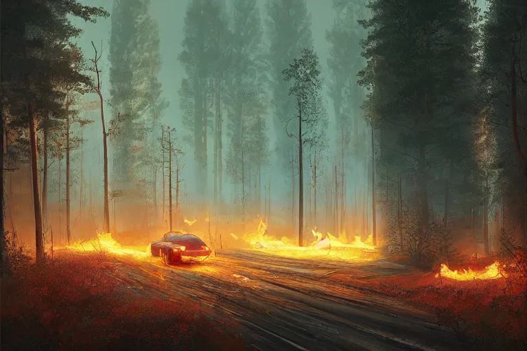 Image similar to burning car driving through a beautiful swedish forest, highly detailed, hyperrealistic, very sharp focus, intricate, soft lighting, dramatic, digital painting by simon stålenhag