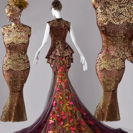 Image similar to exclusive evening dress made of bronze transparent fabric fantasy with colored flower petals made of fabric. intricate asymmetrical patterns. an elegant hat. hyperrealistic photos, clear details.