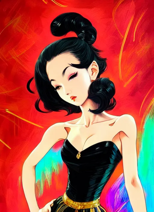 Image similar to a beautiful dancer with black hair in 1960's fashion, ballroom background, intricate, highly detailed, digital painting, artstation, official media, anime key visual, concept art, rich vivid colors, ambient lighting, sharp focus, illustration, art by Artgerm, Makoto Shinkai, Ilya Kuvshinov, Lois Van Baarle, and Rossdraws