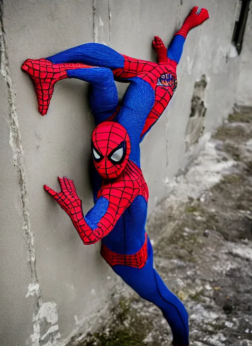 Prompt: stunning dslr photograph of ( ( ( ( granny spiderman ) ) ) ) web slinging in rural old russian town, knitted suit, dynamic pose, closeup, aperture 1. 2