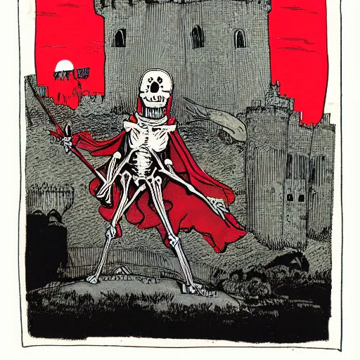 Image similar to A beautiful mixed media art of a horned, red-eyed, skeleton-like creature, with a long black cape, and a staff with a snake wrapped around it, standing in front of a castle atop a cliff. in the USA, Ancient Roman by Charles Robinson, by Terada Katsuya mood, delicate