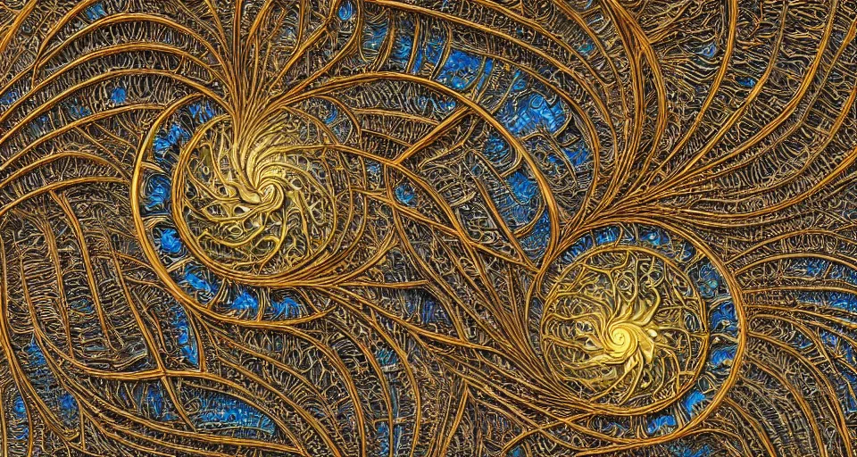 Image similar to Extreme close up of intricate fractal, Bronze luscious ridged problems by Jacek Yerka and Ernst Haeckel, oil painting, cgsociety, abstract fractal art