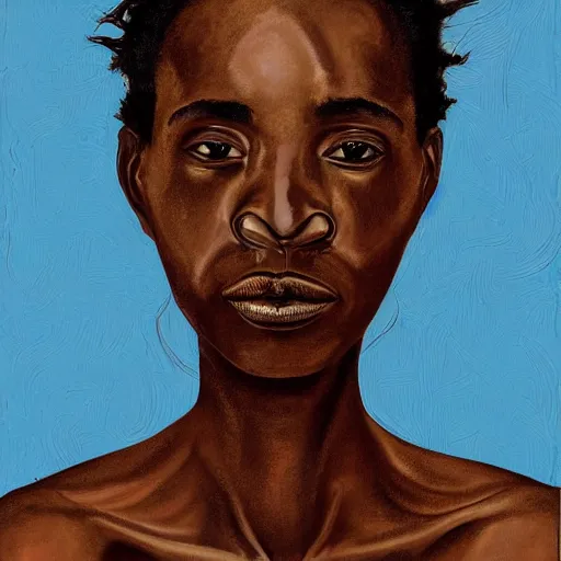 Image similar to a painting of a elegant, well fed, smooth-chinned, long nose, African, elder with few eyebrows by Wangechi Mutu . thinker without facial hair, thoughtful, focused, visionary, calm, jovial, loving, fatherly, generous, . dramatic angle, ethereal lights, details, smooth, sharp focus, illustration, realistic, cinematic, artstation, award winning, rgb , unreal engine, octane render, cinematic light, macro, depth of field, blur, red light and clouds from the back, highly detailed epic cinematic concept art CG render made in Maya, Blender and Photoshop, octane render, excellent composition, dynamic dramatic cinematic lighting, aesthetic, very inspirational, arthouse.