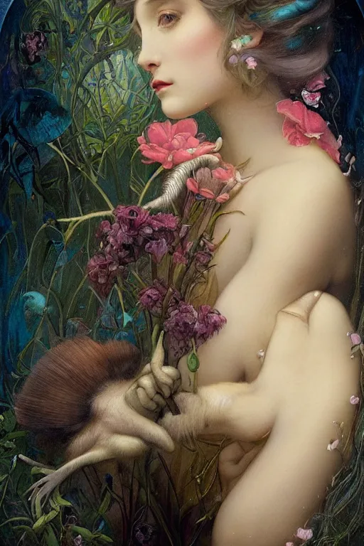 Prompt: An extremely beautiful young girl explaining the birds and the bees by Tom Bagshaw in the style of a modern Gaston Bussière, art nouveau, art deco, surrealism. Extremely lush detail. Melancholic night scene. Perfect composition and lighting. Profoundly surreal. High-contrast lush surrealistic photorealism. Sultry and mischievous expression on her face.