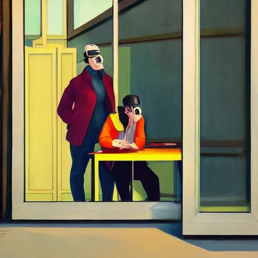 Image similar to A fine art painting of a man wearing Vr goggles and a puffa jacket, he creating the metaverse at a desk through a window on a British street. In the style of Edward Hopper and Wes Anderson