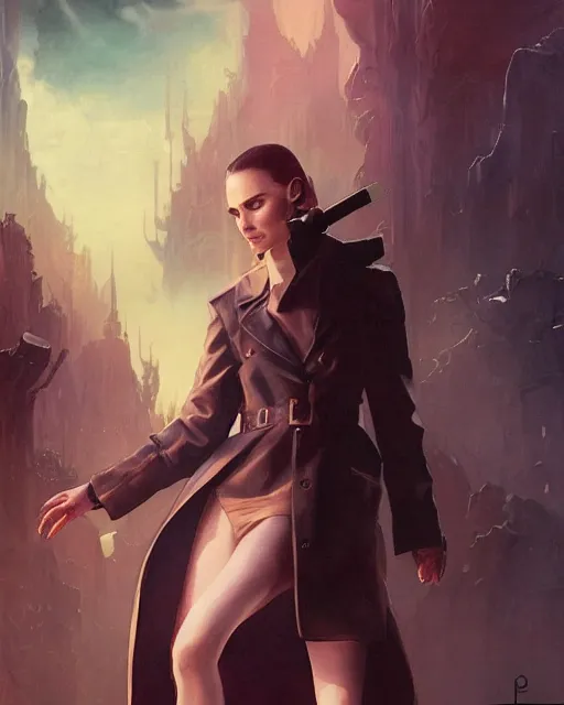 Image similar to beautiful fantasy character portrait, natalie portman, wearing oversized black trench coat, ultra realistic, wide angle, dramatic lighting, vultures, cyberpunk artifacts, highly detailed by peter mohrbacher, hajime sorayama, wayne barlowe, boris vallejo, aaron horkey, gaston bussiere, craig mullins