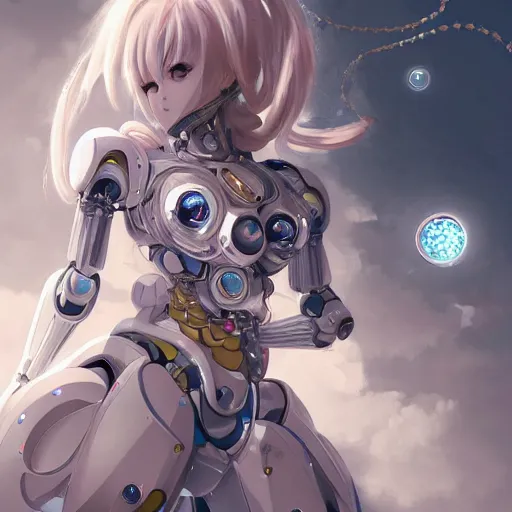 Image similar to A beautiful robotic anime woman with 6 arms levitating in space, scales and jewelry of gold and silver, intricate, digital painting, highly detailed, concept art, Artstation, Cgsociety, Artgerm, Studio Trigger, Wlop