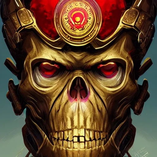 Image similar to a golden skull face monkey warrior with a ruby in his forehead, Apex Legends character digital illustration portrait design, by android jones, detailed, cinematic lighting, wide angle action dynamic portrait