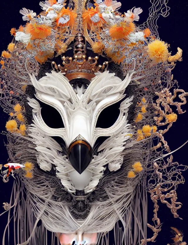 Image similar to goddess macro close - up portrait with crown and mask made of ram skull. beautiful intricately detailed japanese crow kitsune mask and clasical japanese kimono. betta fish, jellyfish phoenix, bioluminescent, plasma, ice, water, wind, creature, artwork by tooth wu and wlop and beeple and greg rutkowski