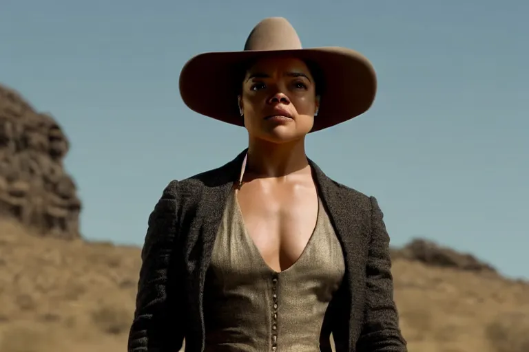 Image similar to portrait of tessa thompson as dolores abernathy in westworld