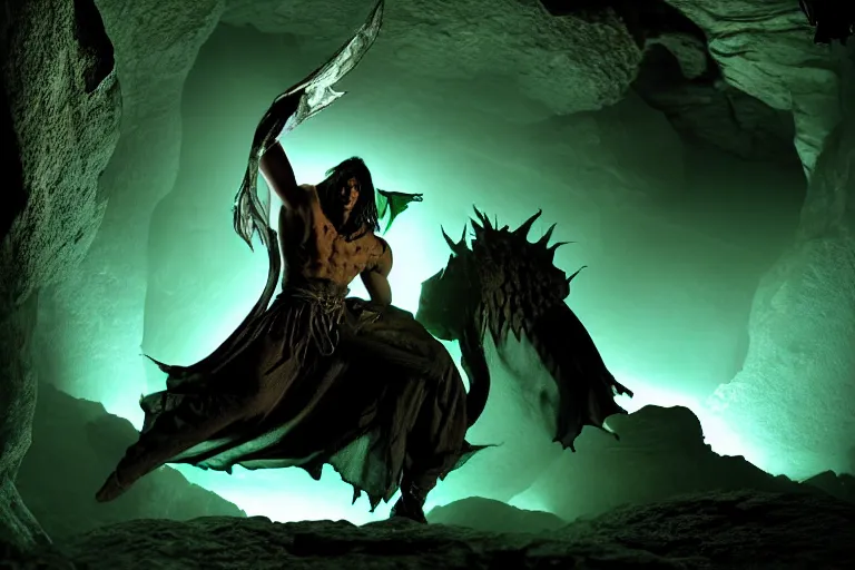 Image similar to vfx film, soul reaver, raziel irl, price of persia movie, missing jaw, hero pose, devouring magic souls, glowing green soul blade, in epic ancient sacred huge cave temple, flat color profile low - key lighting award winning photography arri alexa cinematography, hyper real photorealistic cinematic beautiful, atmospheric cool colorgrade