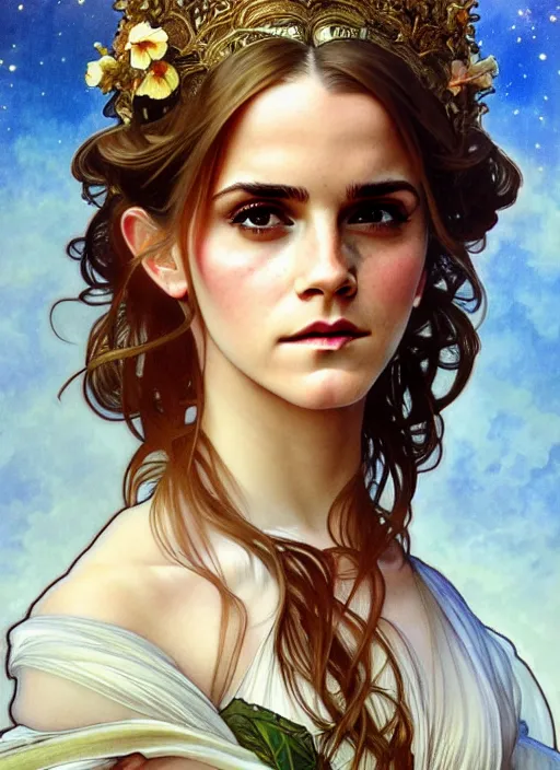 Image similar to Emma Watson as God of Beautifully, full body shot, cute, fantasy, intricate, elegant, highly detailed, digital painting, 4k, HDR, concept art, smooth, sharp focus, illustration, art by alphonse mucha,artgerm, H R Giger