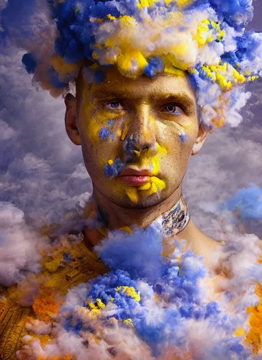 Prompt: crying!!!!!! modern ukrainian soldier!!, covered in yellow and blue clouds, disarming, enchanting, fragile, hopeful, cloudcore, portrait, by kim keever