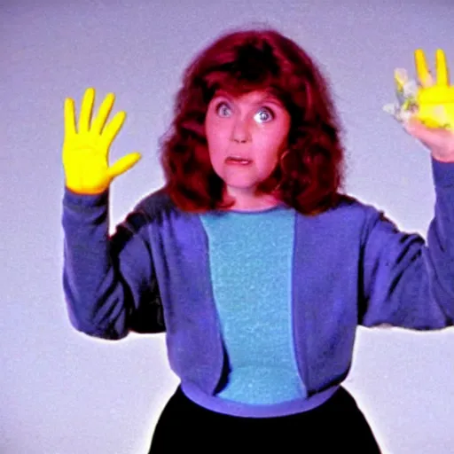 Prompt: still from 1983 live-action children's tv show about a middle-aged woman who enters an eyeball cult color