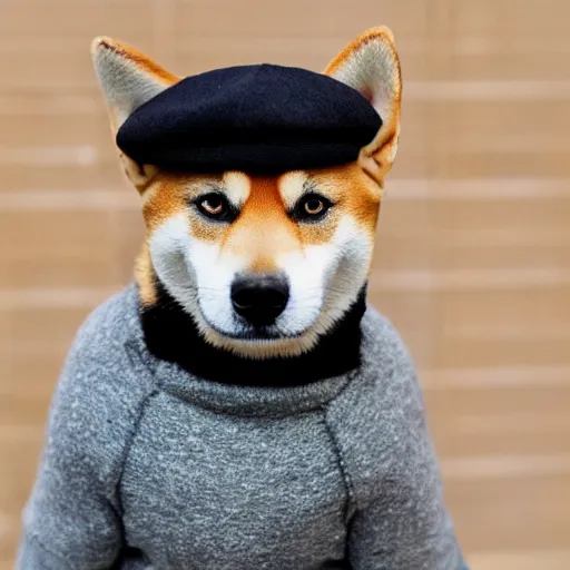 Prompt: a shiba inu wearing a beret and black turtleneck