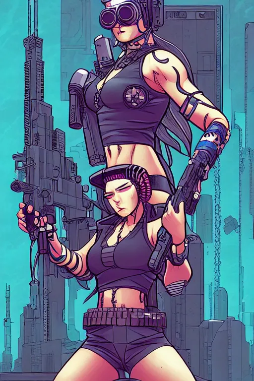 Prompt: comic cover art of a cyberpunk shaman girl, inspired by gunsmith cats and tank girl, illustration by jenny frison and sana takeda, intricate details, stunning inking lines, stunning gradient colors, 4 k, hd, artstation