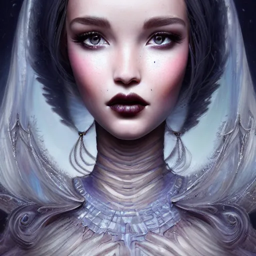 Image similar to tom bagshaw, very beautiful genetic mix of dove cameron madison beer bella poarch in a goddess dress, randomly lustrous colored hair, thin gothic makeup, professionally retouched, focus eyes, ultra realistic soft painting, insanely detailed linework, symmetrical accurate intricate features, behance artstation, 8 k