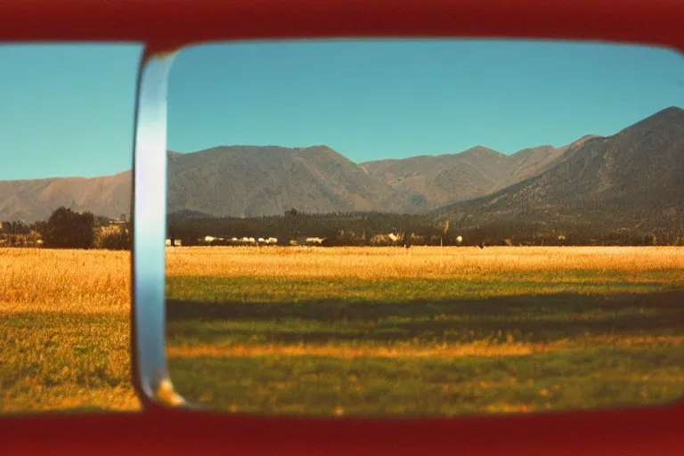 Prompt: film color photography, close-up mirror that reflected red at the green lawn, no focus, mountains in distance, 35mm