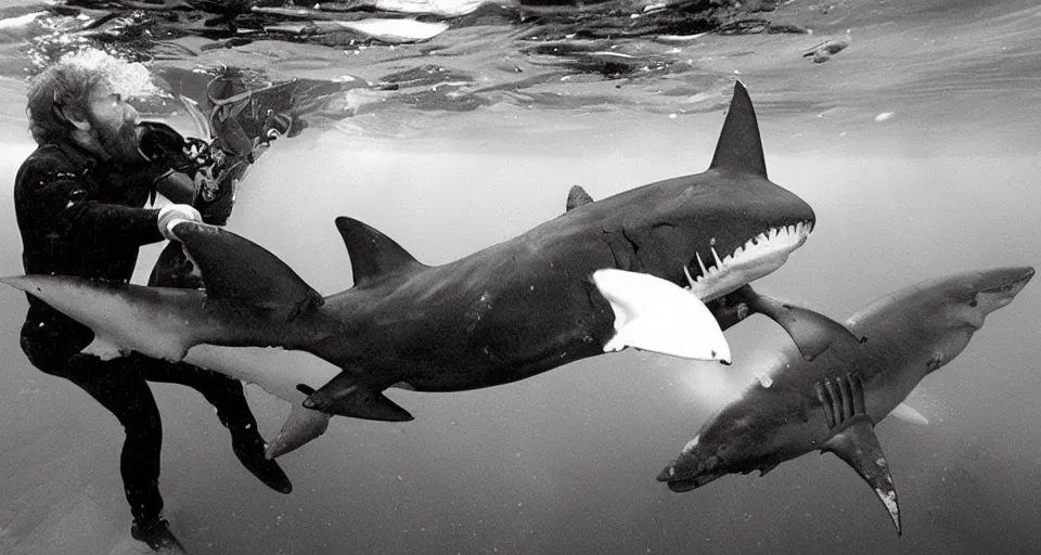 Prompt: Chuck Norris punching a shark underwater, photograph