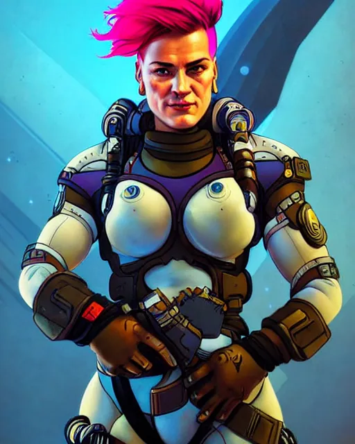 Image similar to zarya from overwatch, character portrait, portrait, close up, concept art, intricate details, highly detailed, vintage sci - fi poster, retro future, in the style of chris foss, rodger dean, moebius, michael whelan, and gustave dore