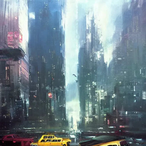 Image similar to new york skyline, 1 9 7 0 s scifi art style, flying cars, jeremy mann painting