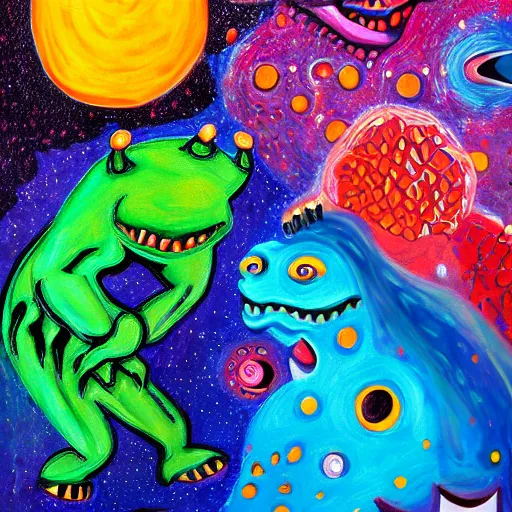 Image similar to painting named : where monsters are in dreams, tasty colours, cosmic interference