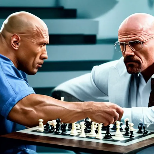 Image similar to photo of walter white and dwayne johnson playng chess, detailed 4 k