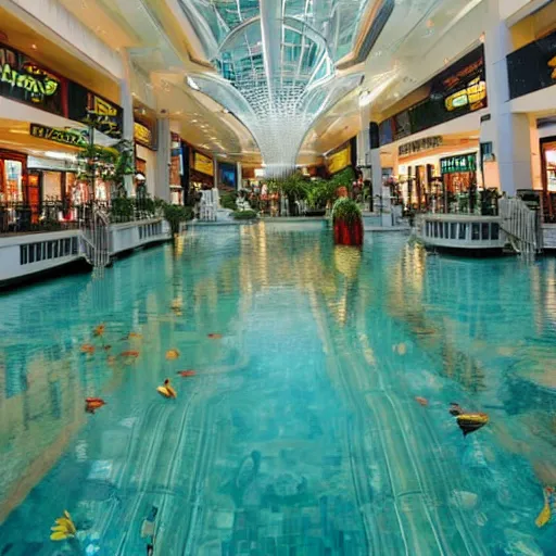 Prompt: photo of inside a shopping mall the inside is flooded with over 2 0 meters depth of clear beautiful water, highly detailed.