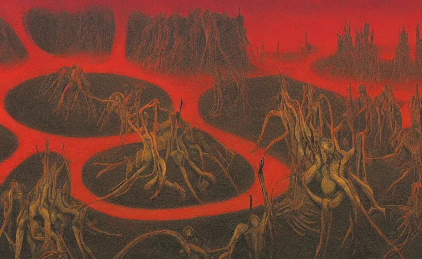 Prompt: A detailed painting of the nine circles of hell made in the style of Beksinski