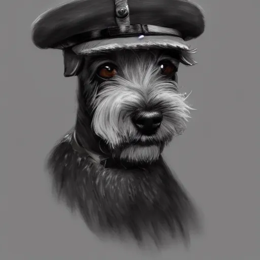 Prompt: portrait of stoic looking miniature schnauzer, military uniform, black fir, white eyebrows, fantasy, intricate, elegant, highly detailed, centered, dark, smokey, charcoal painting, digital painting, artstation, concept art, smooth, sharp focus, illustration, art by artgerm