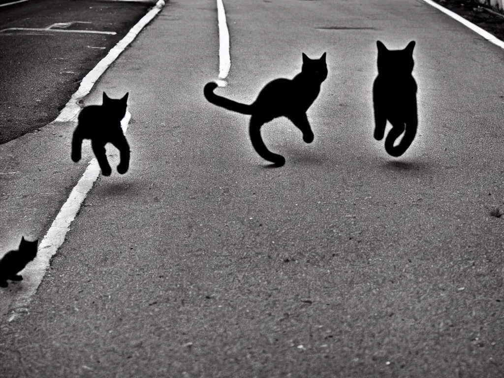 Prompt: a MAN CHASES BY a black CAT, VERY SCARY PHOTO, blak and white photo