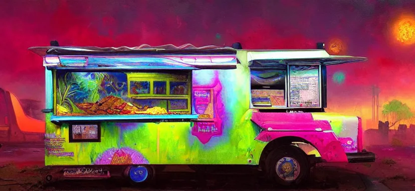 Image similar to beautiful masterpiece painting of a food truck taco vendor in a future radioactive glowing swamp, halo vehicle, grunge cyberpunk, by Remedios Varo and Anato Finnstark and Greg Rutkowski, dayglo pink, dayglo blue, by Craig Mullins, ilya kuvshinov, krenz cushart, artgerm, 8k, trending on ArtStation