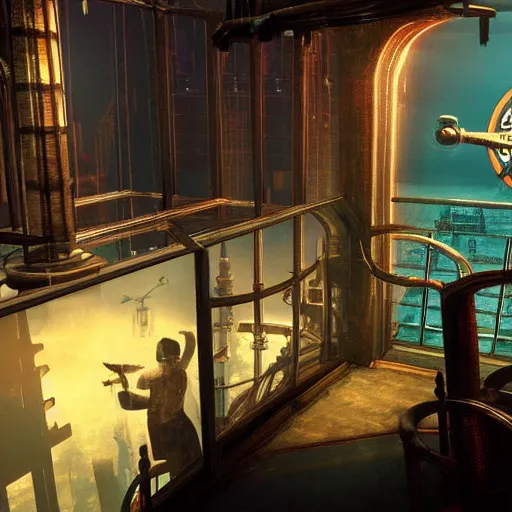 Image similar to In the world of rapture from the world of bioshock you are in a bar, there is a window that lets you see the whole city underwater and you are drinking a rum and coke