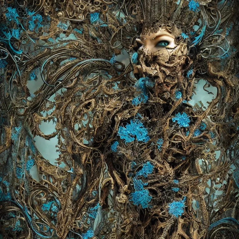 Image similar to dark scene, ultra detailed, of a metal face, biomechanical cyborg. big leaves and large Dragonflies, stems, roots, fine foliage lace, turquoise gold details, high fashion haute couture, art nouveau fashion embroidered, intricate details, mesh wire, mandelbrot fractal, anatomical, facial muscles, cable wires, elegant, hyper realistic, dark flower pattern wallpaper, ultra detailed