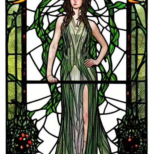 Prompt: a stunningly detailed tarot card stained glass window of a beautiful poison ivy with white skin wearing a long floor length dress made of vines as a medieval druid queen, dark eyeliner, intricate, elegant, highly detailed, digital painting, artstation, concept art, sharp focus, illustration, art by greg rutkowski and alphonse mucha