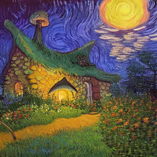 Prompt: mysterious detailed painting of a fairytale cottage in the woods at night, surrounded by giant glowing mushrooms, in the style of studio ghibli and moebius and claude monet and edward hopper and vincent van gogh