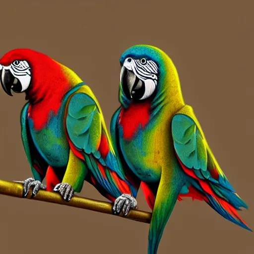 Prompt: parrots dressed in rapper clothes, sitting on golden trees, rap scene, concept art, trending on artstation, highly detailed, digital art, 8 k