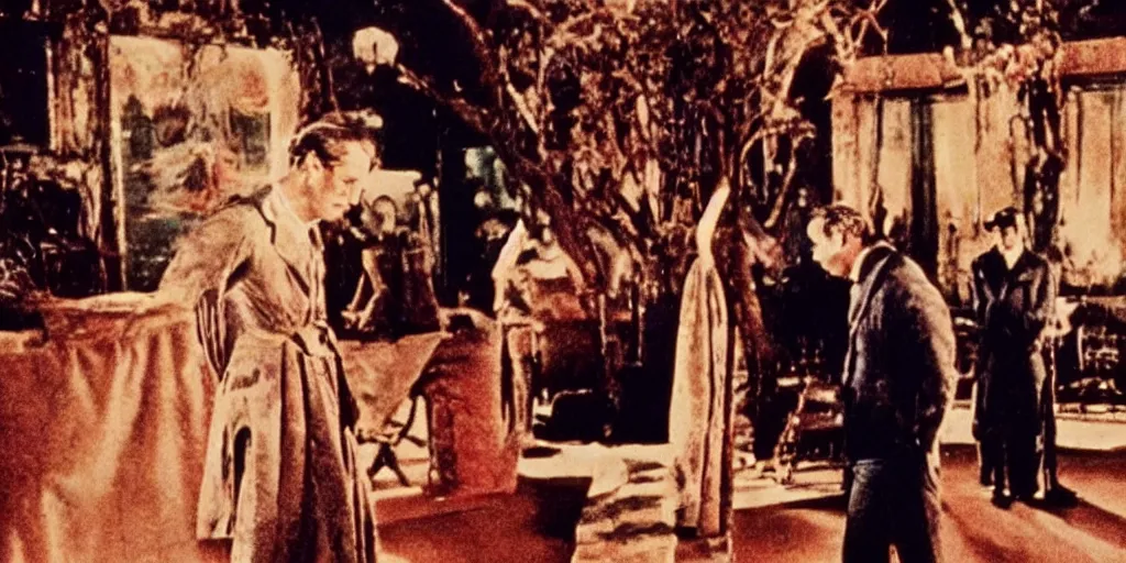 Prompt: a scene from a movie of luchino visconti with marcello mastroianni standing. technicolor!!!!, vivid colors, colorful, cinematic, highly detailed