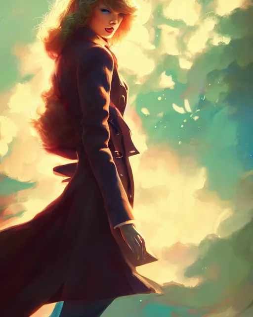 Prompt: taylor swift wearing fashionable trench coat, auburn flower storm, volumetric lighting, jesper ejsing, artgerm, petros afshar, tom whalen