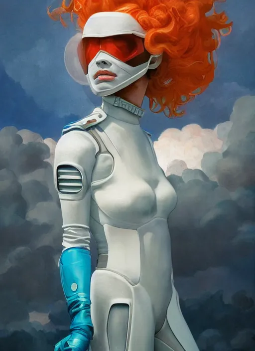 Prompt: symmetry!!! closeup portrait! of a cyborg racer girl, fashion white jumpsuit, shoulder pads, in clouds, cinematic light, windy, teal orange, volumetric smoke, by gerald brom, by mikhail vrubel, by peter elson, muted colors, extreme detail, trending on artstation, 8 k