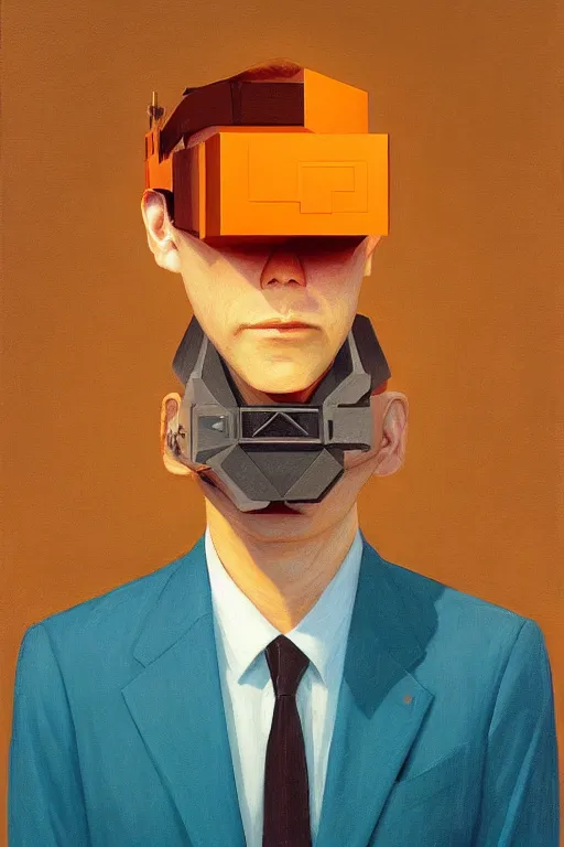 Image similar to Satoshi Nakamoto wearing Oculus and bitcoin over his head Edward Hopper and James Gilleard, Zdzislaw Beksisnski, higly detailed