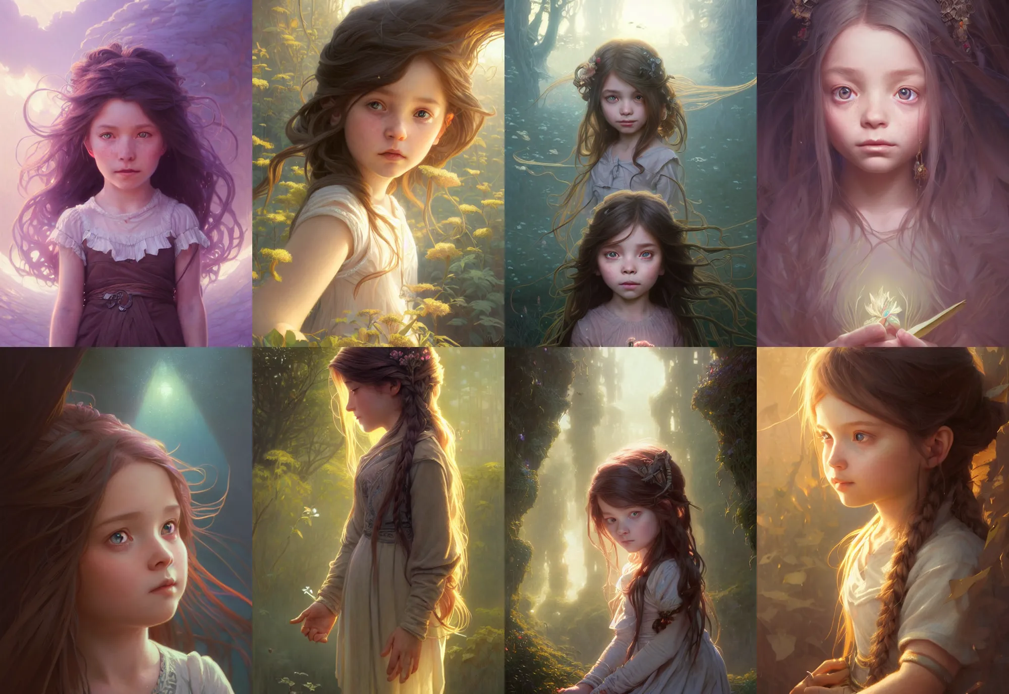 Image similar to highly detailed portrait of a little girl with long hairs, stephen bliss, unreal engine, fantasy art by greg rutkowski, loish, rhads, ferdinand knab, makoto shinkai and lois van baarle, ilya kuvshinov, rossdraws, tom bagshaw, alphonse mucha, global illumination, radiant light, detailed and intricate environment