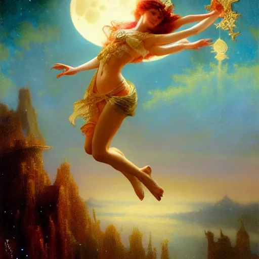 Image similar to attractive fairy magically floating high in the night, fantasy, full moon in background. highly detailed painting by gaston bussiere, craig mullins, j. c. leyendecker, sharp focus, 8 k