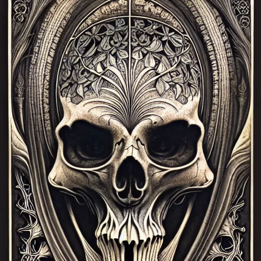 Image similar to art forms of nature by ernst haeckel, memento mori by arthur rackham, ornate antique porcelain beautiful skull mask, ultrasharp, photorealistic, hyperdetailed, octane render, polished, art nouveau, neo - gothic, gothic, intricate ornamental organic filigree, art nouveau botanicals, art forms of nature by ernst haeckel, horizontal symmetry, symbolist, visionary