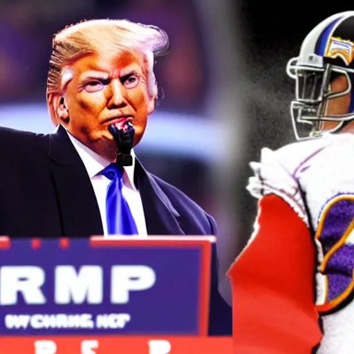 Image similar to Donald Trump wearing a Baltimore Ravens jersey. realistic. 8k. Highly detailed.