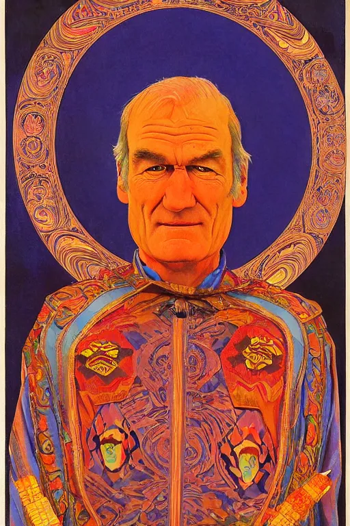 Image similar to an incredible and hilarious jean giraud portrait of timothy leary in the style of a renaissance masters portrait, mystical and new age symbolism, tibetan book of the dead